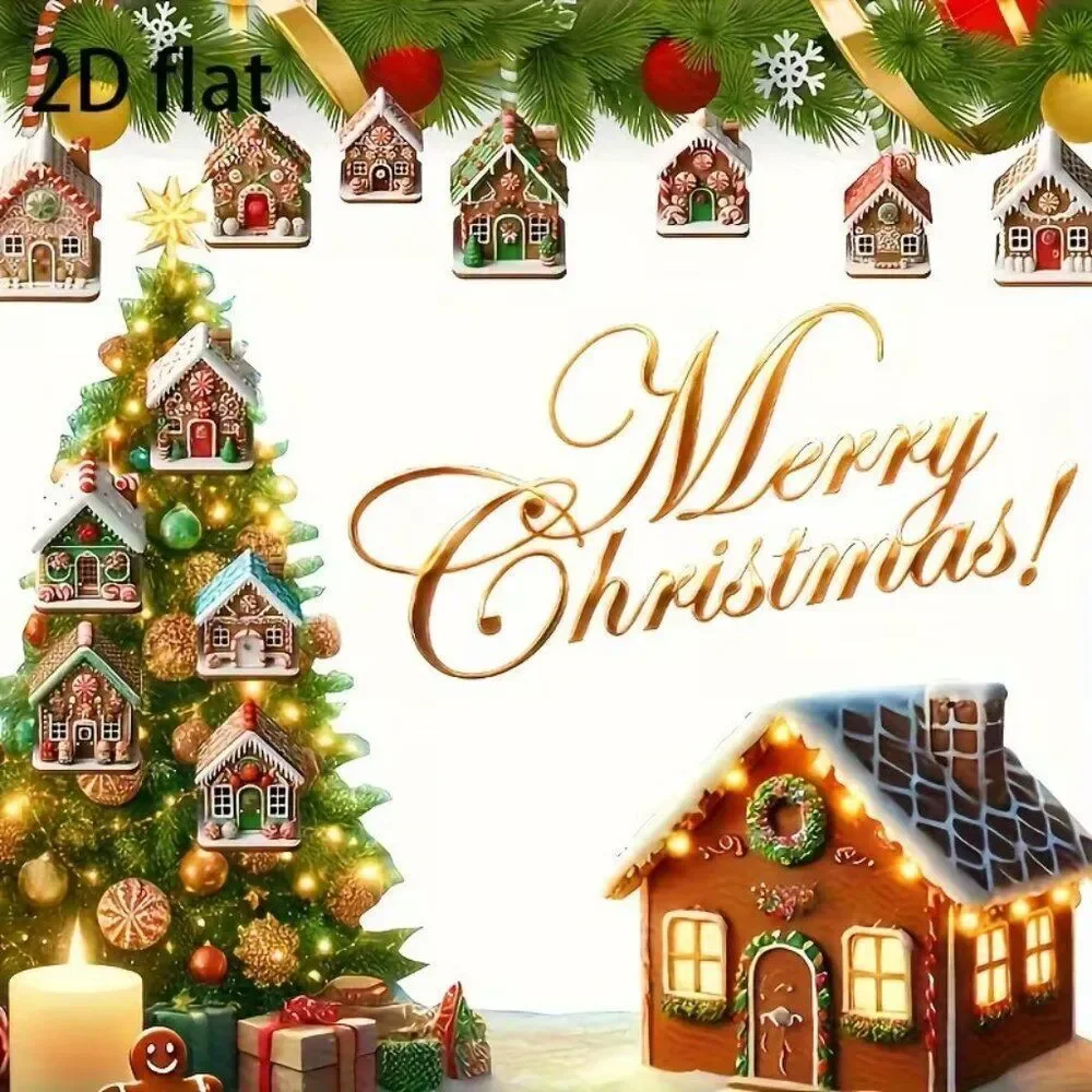 2D 12pcs Festive Holiday Christmas Gingerbread House Wooden Ornaments
